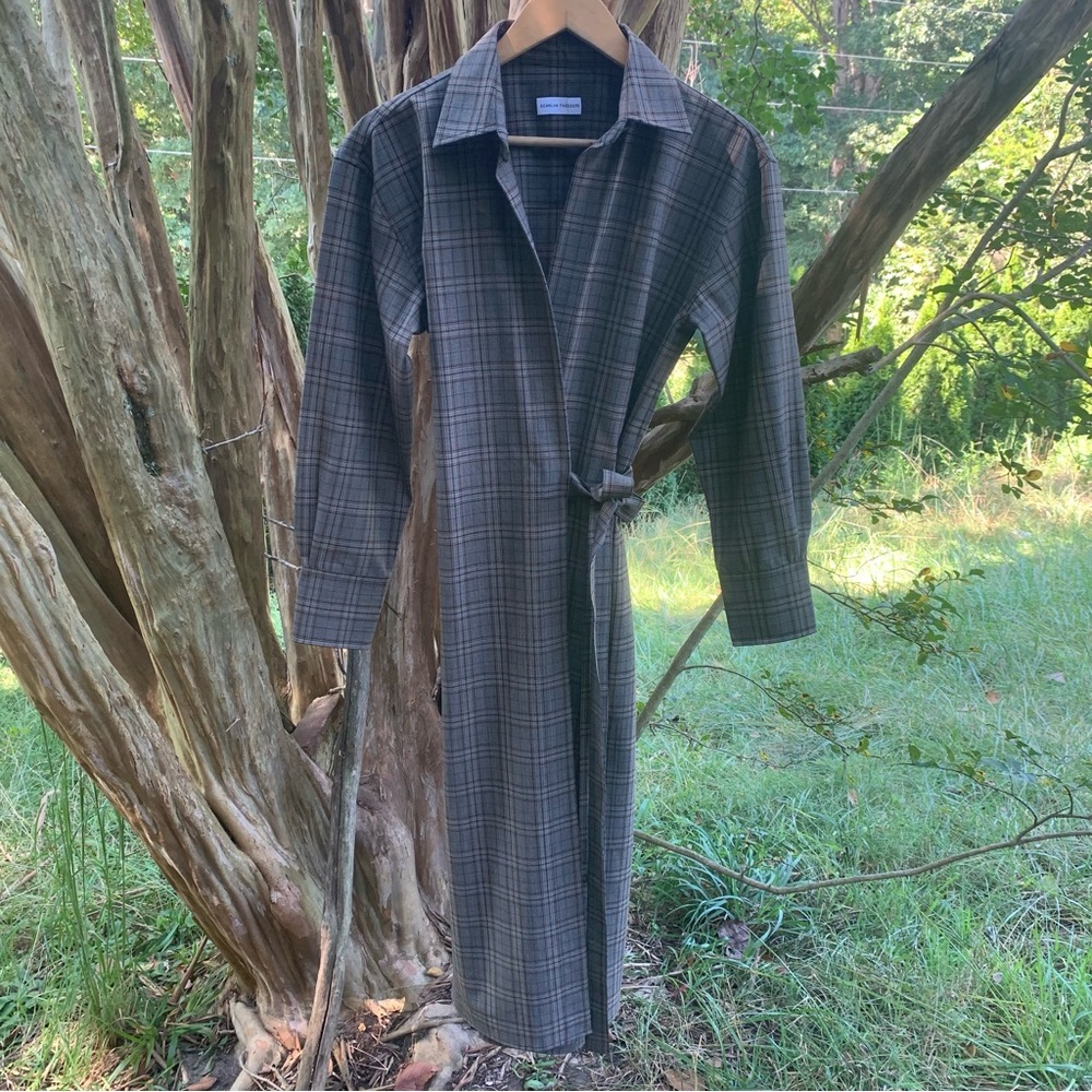 Scanlan Theodore Plaid Long Sleeve Collared Wrap Midi Dress